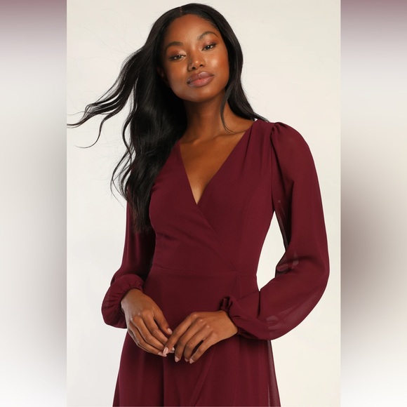 Lulus Perfectly Lovely Plum Long Sleeve Lace-Up High-Low Maxi Dress - Picture 2 of 4